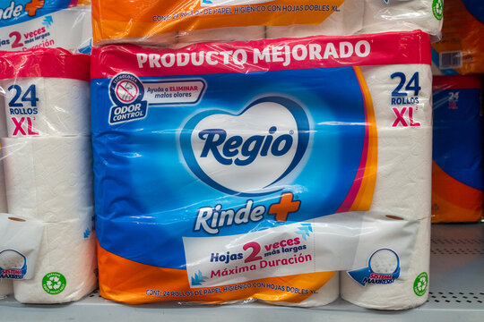 Villa de Alvarez, Colima. Mexico. June 24, 2026: Regio Toilet Paper Package on Retail Store Shelf