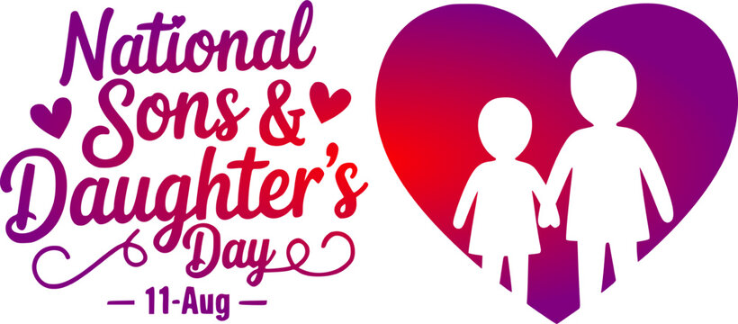 National Sons and Daughter's Day template design on 11th August featuring white silhouettes of a brother and sister inside a vibrant red and purple gradient heart with elegant script lettering on 