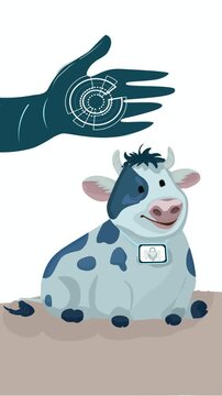 Cute dairy cow wearing a smart IoT collar tag with digital hand tracking scan interface. Innovative smart dairy farming technology and precision livestock monitoring vector illustration.