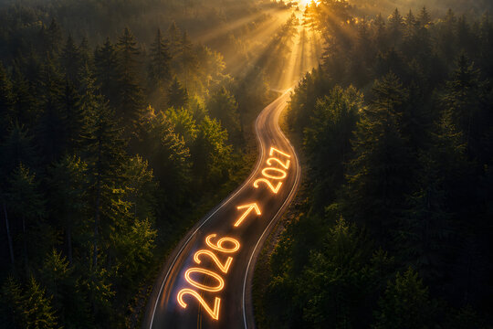 Aerial view of road through forest with sun rays showing 2026 to 2027 text.