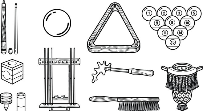 Billiards Pool and Snooker Table Gaming Equipment Accessories Vintage Linear Outline Vector Icon Set