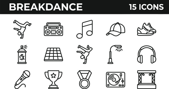 Breakdance Icons: B boy, Boombox, Music Note, Cap, Sneakers, Spray Paint