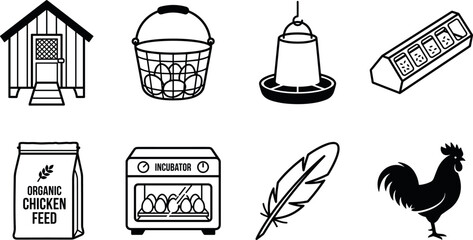 Poultry Farming Chicken Coop Equipment and Organic Egg Production Hardware Outline Vector Icon Set © MstSuraiya