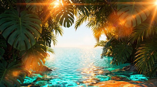 Tropical foliage and water creating an energetic summer cinematic banner background.