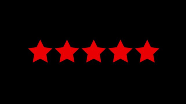 Five red stars rating animation appearing sequentially on black background for review concept