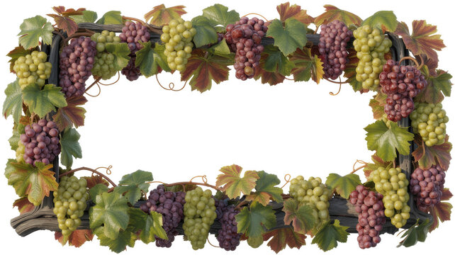 A rectangular frame made of vibrant red and green grape clusters with vine leaves and curly tendrils isolated on a white background