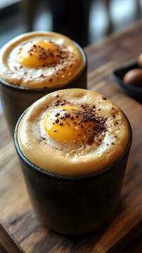 Traditional Vietnamese egg coffee, featuring two mugs topped with a raw golden yolk and sprinkled with dark powder, is presented on a rustic wooden surface with blurred background elements.