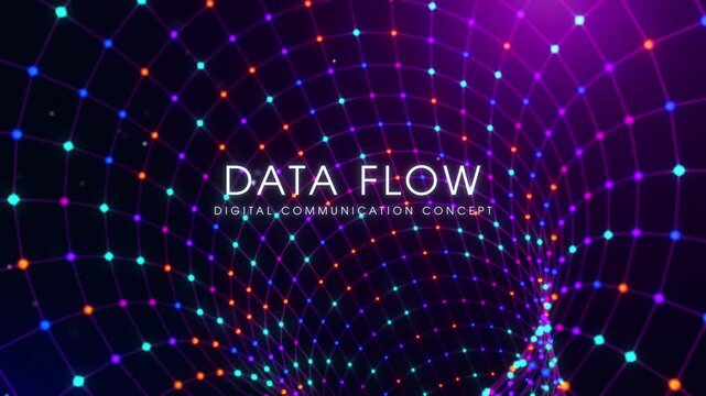 Looping futuristic wireframe wormhole animation with glowing particle network and DATA FLOW title reveal, ideal for technology presentations, digital communication, AI, and motion graphics.