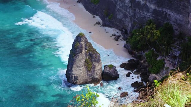 Diamond Beach in Nusa Penida, Bali. (Pantai Diamond) A  shot of the smaller diamond rock, white shores, dramatic cliffs and crystal-clear turquoise waters. It looks like paradise. 
