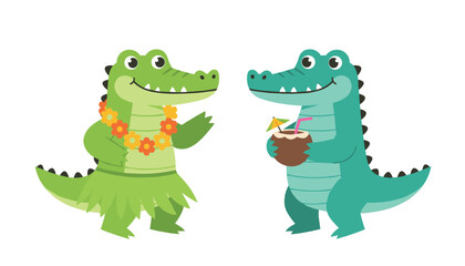 Fototapeta premium Adorable cartoon crocodiles celebrating with a tropical theme featuring a hula dancer and a coconut cocktail.