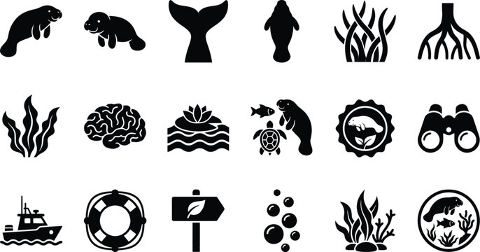 Minimalist black vector illustration set featuring various manatee icons and aquatic nature themed graphic elements