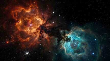 Stunning dual nebula complex in outer space showing collision of orange and cyan cosmic gas clouds with bright starlight © aisyah karim