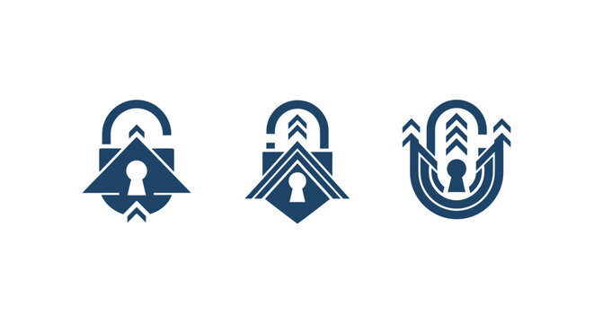 Three blue minimalist lock and key icons set.