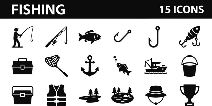 Fishing Icons Set: Fisherman, Rod, Fish, Boat, Net, Tackle Box, Anchor