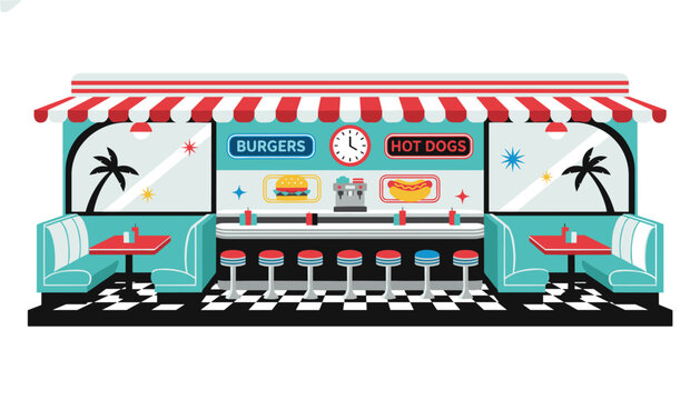 Vintage fifties diner interior with cozy turquoise booths, neon food signs, and checkered floors in retro style.