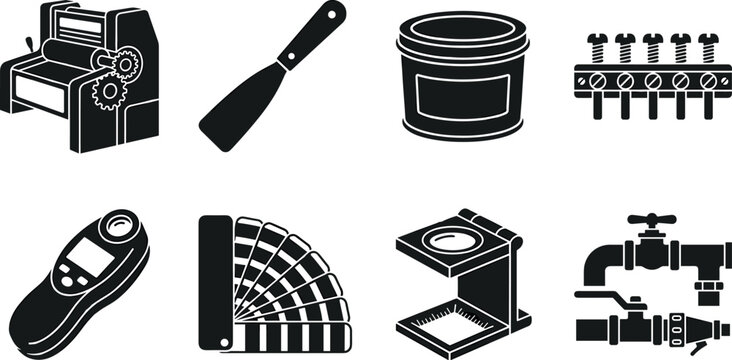 Offset Lithography Printing Press Industry Equipment and Color Management Calibration Tools Vector Icon Set