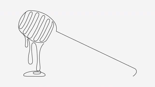 Continuous line drawing of wooden honey dipper drizzling sweet golden honey.