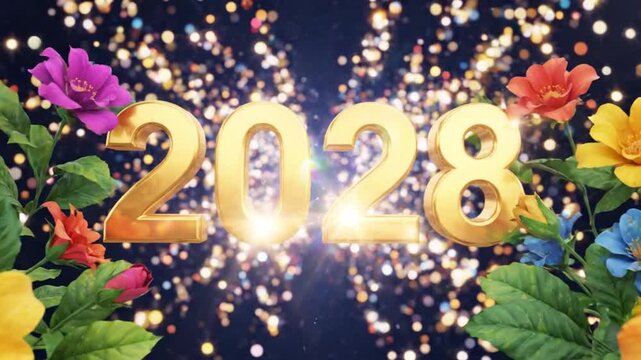 Golden Year 2028 text with blooming flowers and sparkling fireworks backdrop, celebrating the new year