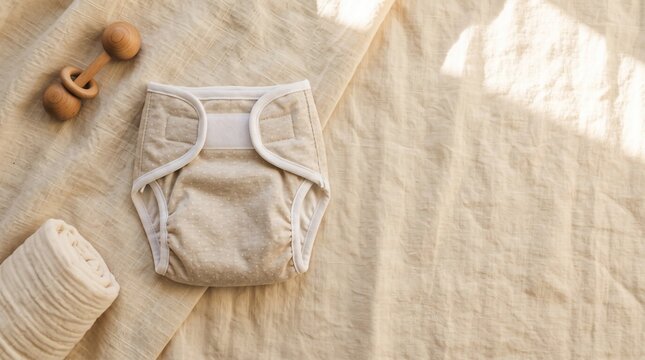 Reusable cloth diaper with a wooden rattle on a soft linen background.
