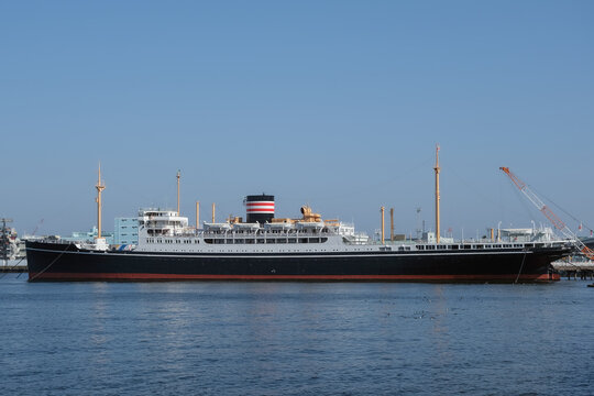 Historic ocean liner cruiseship cruise ship Hikawa Maru in Yokohama, Tokyo Japan on sunny day