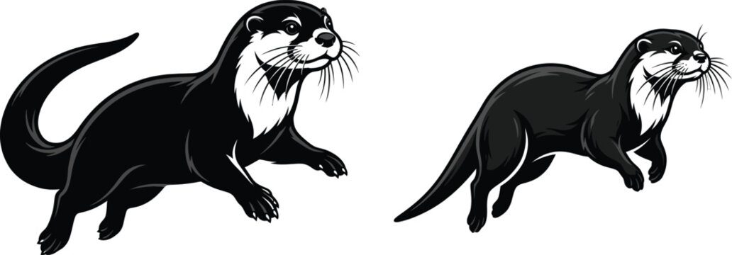 Two otter illustrations dynamic poses black and white vector graphics