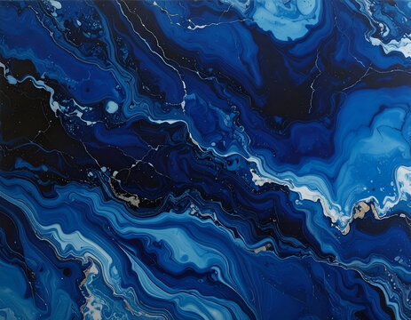 Abstract Blue Marble Swirls with White and Black Accents.