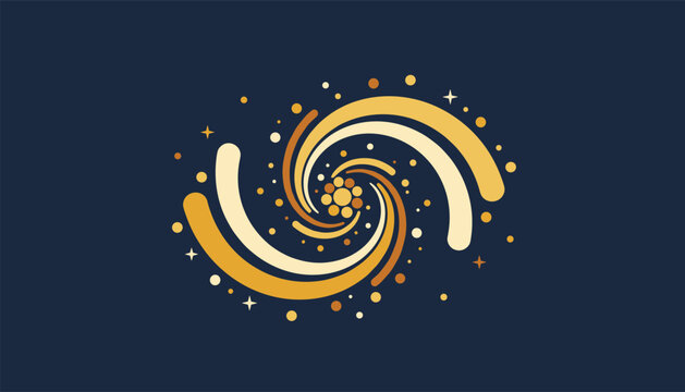 Abstract cosmic spiral galaxy designed with golden swirling lines and star shapes on a dark navy blue background.