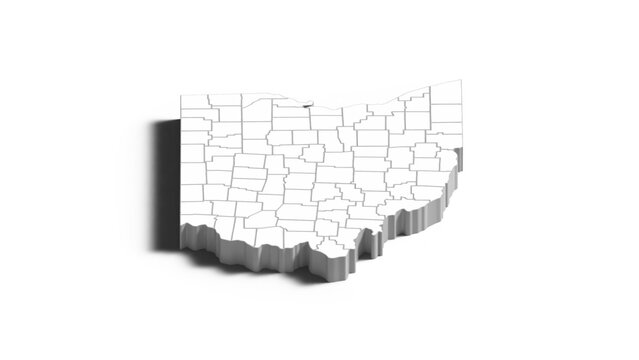 Ohio 3D Isometric Map with County Boundaries, Perspective White Vector Illustration of US State