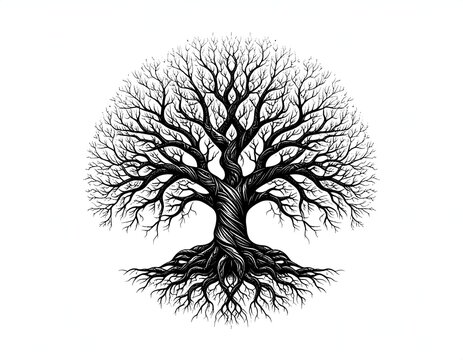 Tree of life symmetrical branches roots nature sketch tattoo design on white background