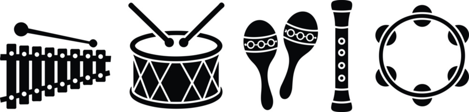 Musical percussion instruments black silhouette icons set featuring drum xylophone maracas flute tambourine on white background