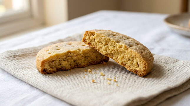 Close-up view of golden shortbread biscuits bisected to reveal their crumbly texture on a light linen napkin.