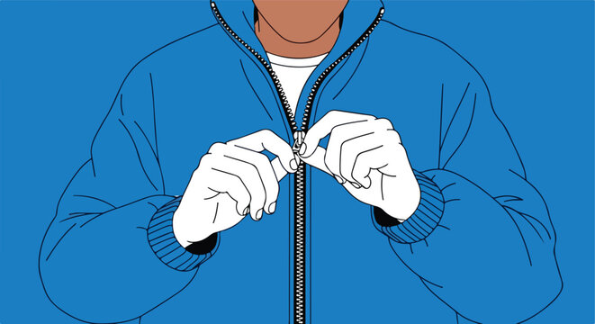 Person zipping up a blue jacket with white t-shirt underneath