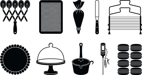 Professional Baking Tools Pastry Utensils and Macaron Cake Making Equipment Vector Icon Set © MstSuraiya