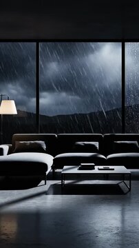 Cozy living room with modern sofa and coffee table overlooks stormy rainy night landscape through large window, atmospheric mood
