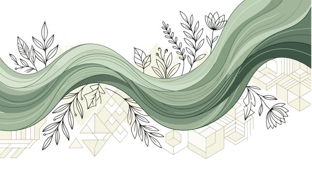 An abstract vector background featuring a wavy green line with leaves and geometric patterns.