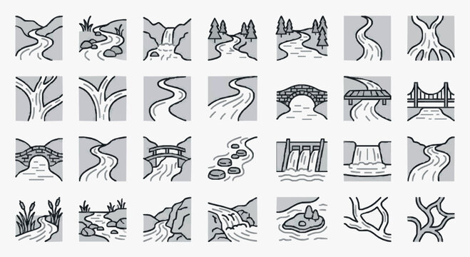Industrial Minimalist Line Icons Set Featuring Various River Bridge and Landscape Elements in Black and White