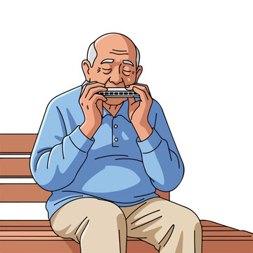 Elderly man plays harmonica while sitting on a bench outdoors