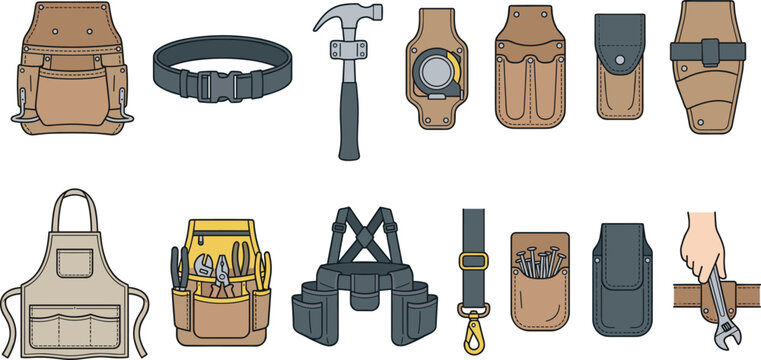 Professional Tool Belt and Leather Work Apron Vector Set with Carpenter Pouches, Hammer Holder, Utility Holsters, and Workshop Safety Gear
