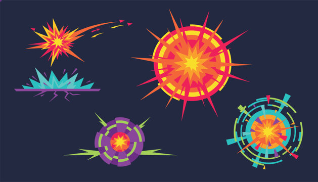Visual graphic of five bright comic book explosion elements displaying explosive shockwaves and colorful bursts.