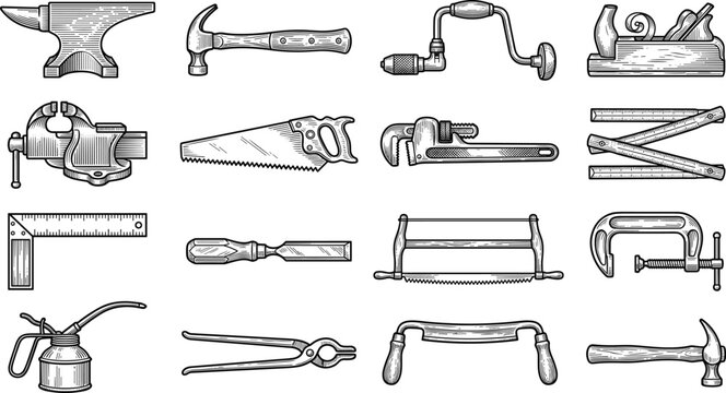 Vintage Woodworking Hand Tool Engraving Vector Set with Blacksmith Anvil, Carpentry Saws, Braces, Clamps, and Traditional Workshop Equipment