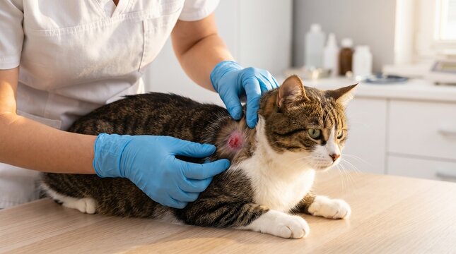 Veterinarian examining skin lesion on tabby cat at clinic with during medical consultation veterinarian wearing blue gloves examining sore with lesion back brown