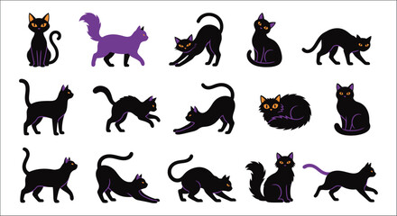 Obraz premium Black Cat Silhouettes And Purple Cat Vector Illustration Collection On White Background