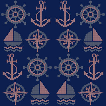 seamless pattern of cross-stitch designs on a deep navy blue background. The elements  ship wheels, anchors, sailboats, and compass pixelated embroidery with a color palette of soft pink and gray 