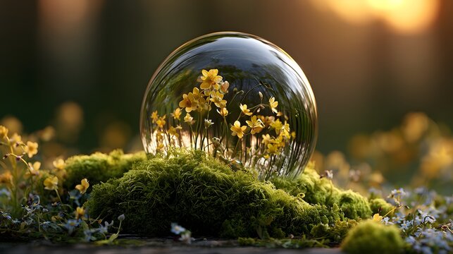 Glass Globe Cradling Golden Wildflowers in Moonlight