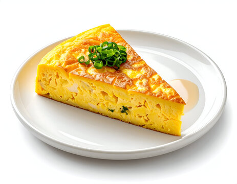 Single slice of delicious golden spanish omelette tortilla or traditional japanese tamagoyaki rolled egg isolated on white background breakfast appetizer food dish