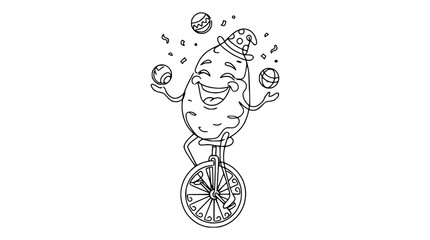 Funny potato juggling balls on unicycle, wearing party hat, cartoon style, outline drawing © Lailai