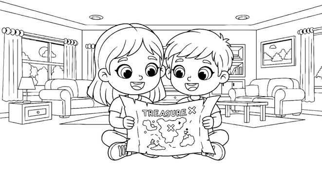 Children reading a treasure map together indoors.