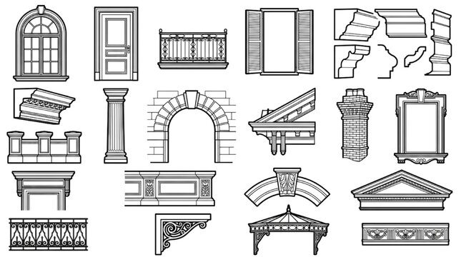 Architectural Gothic Facade Details CAD Windows Arches Cornices Restoration Elements Set