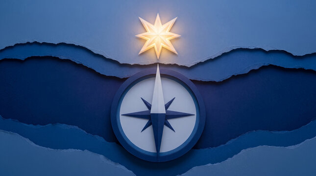 3D Paper Cut Compass Pointing to a Glowing North Star, Mental Health, Inner Guidance and Business Leadership Concept in Deep Indigo