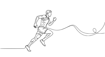 Fototapeta premium Continuous line drawing of a male runner crossing the finish line, athletic motion, minimalist style